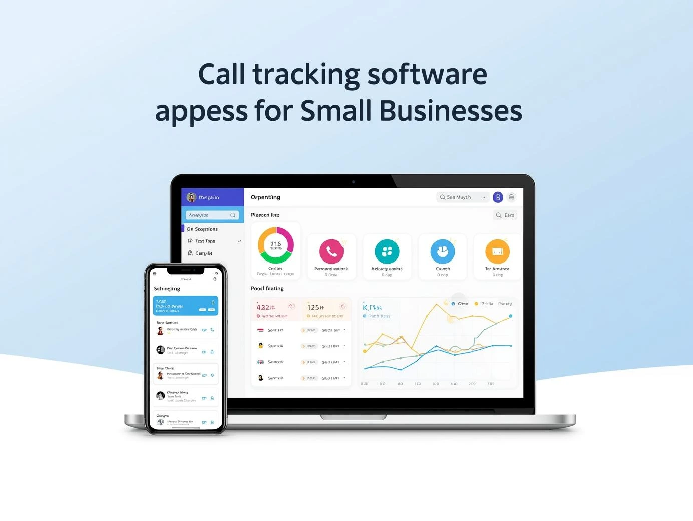 Dashboard view of call tracking software on laptop and smartphone with analytics charts and phone icons, illustrating small business call tracking and marketing ROI.