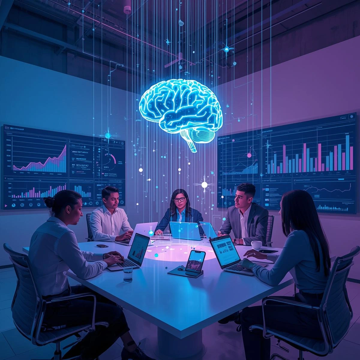 AI brain with sales dashboards and charts
