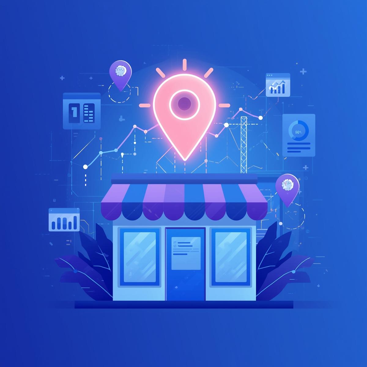 Local business storefront with phone icon and SEO analytics