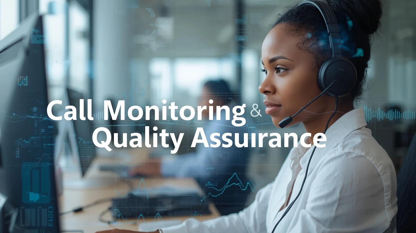 Business professional analyzing call monitoring and quality assurance metrics.