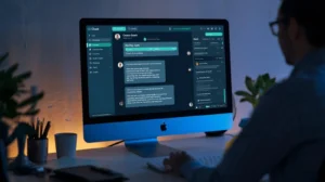 Small business owner using AI chatbot for customer communication