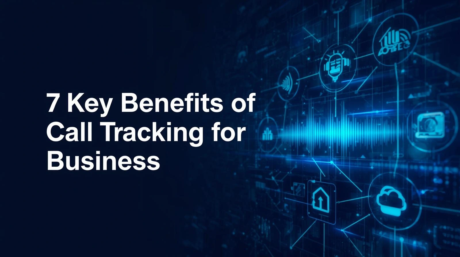 Abstract telecom background with electric-blue data lines, phone/wave icons, and charts representing AI-powered call tracking benefits.