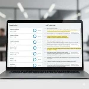 Sales scorecard UI with highlighted transcript moments