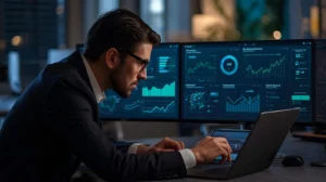 Small business owner reviewing AI-powered dashboards for workflow efficiency and productivity optimization.