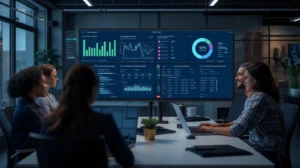 Small business team using VoiceTotal AI call tracking and analytics dashboards, reviewing agent performance and lead conversion metrics in a modern office.