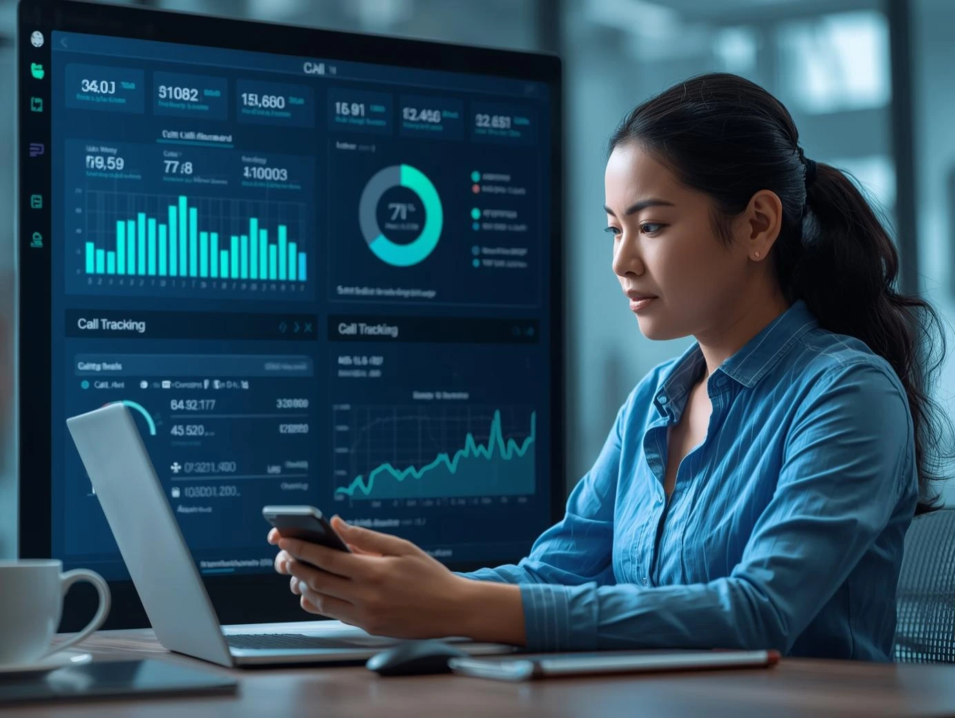 Professional analyzing call tracking dashboards with multiple tracking numbers and campaign insights.