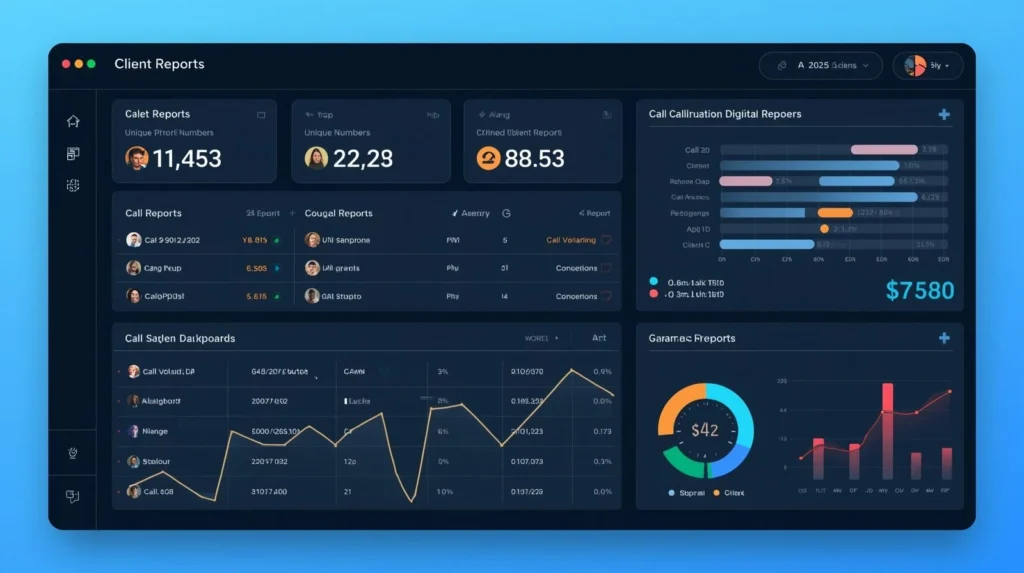 Digital dashboard showing call tracking analytics, unique phone numbers for campaigns, charts and graphs displaying call volume and conversions for marketing agencies