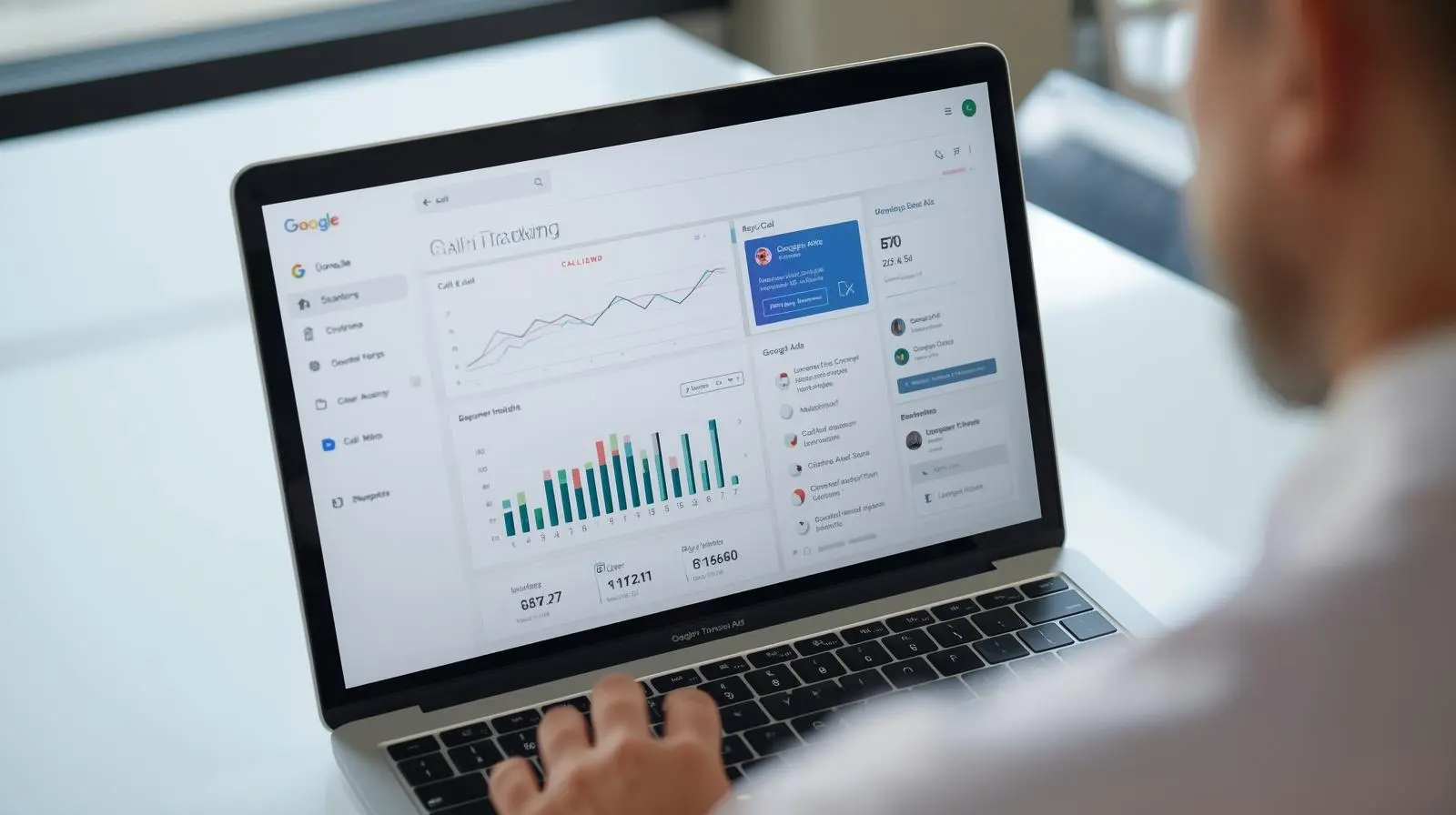 Marketer reviewing Google Ads call tracking performance with analytics dashboard.